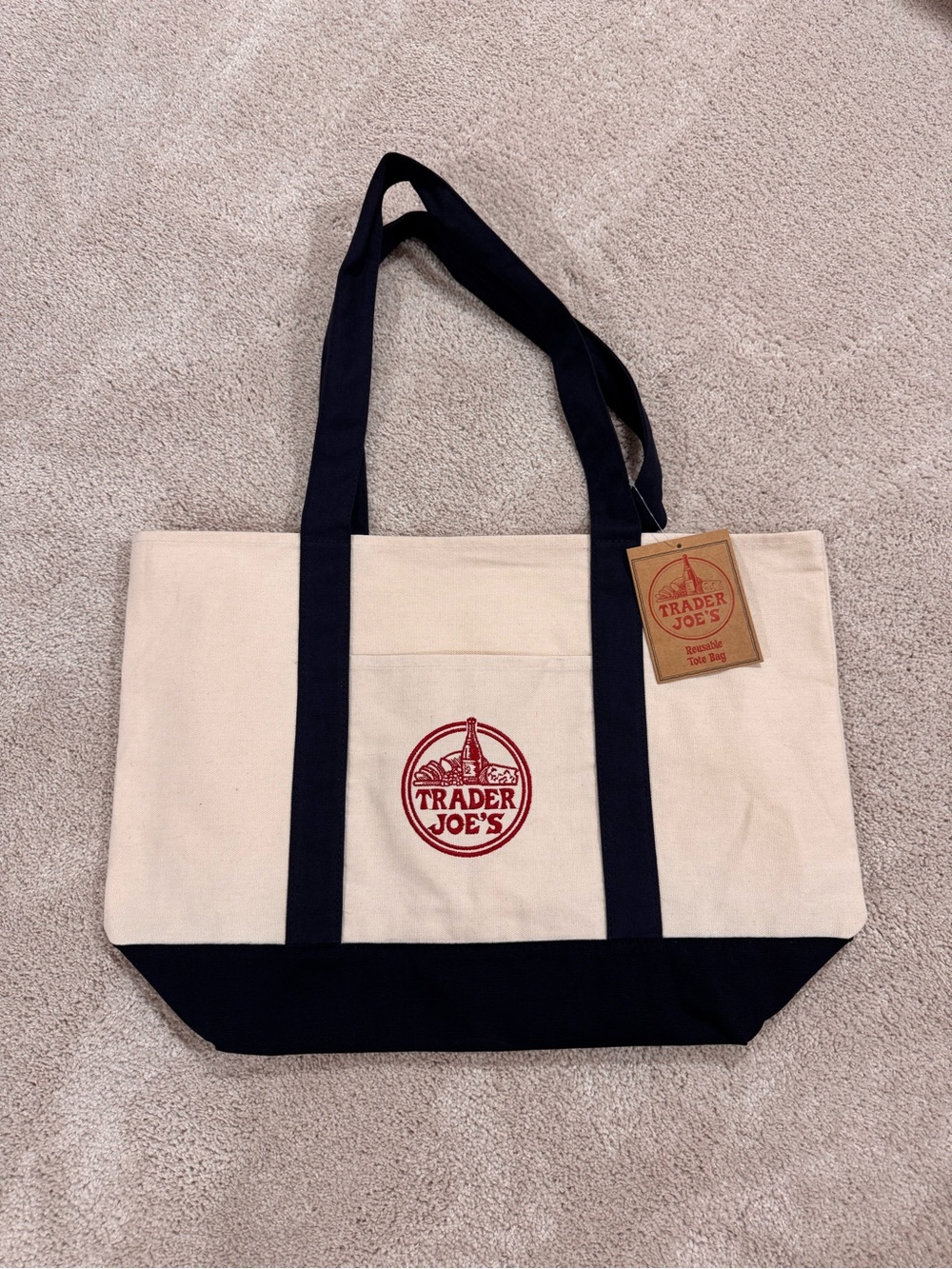 Trader Joe's Natural Canvas Tote with Navy Accents
